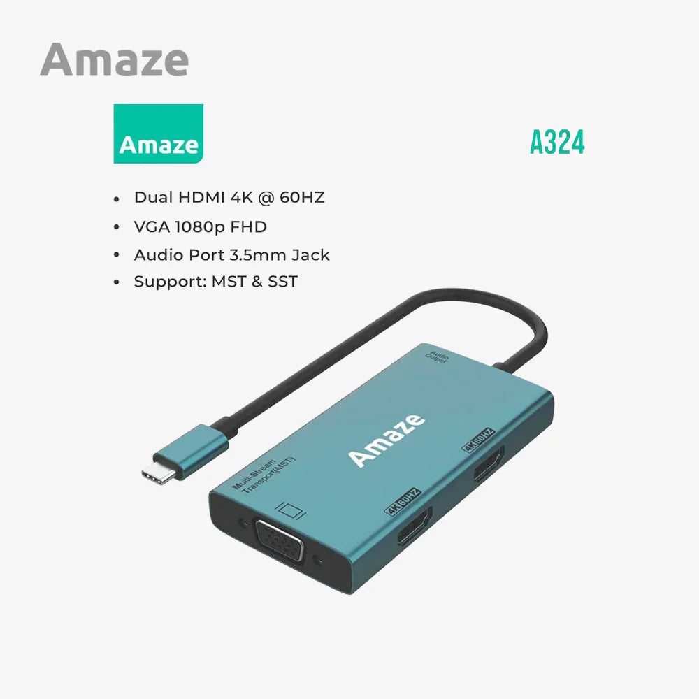 AMAZE A324 TYPE C TO DUAL HDMI + VGA + AUDIO HUB